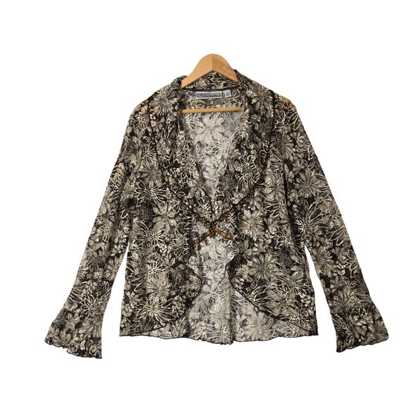 VTG Simon Says Beaded Lace Cardigan L Ivory Brown Ruffle Bell Sleeve Fairy Boho - Picture 1 of 15